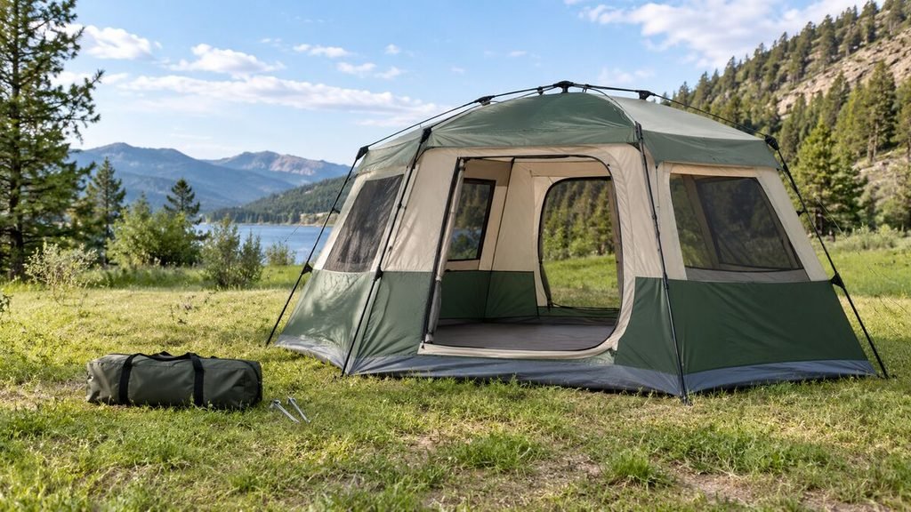 The Raynesys family tent earns our quick-setup category because its integrated frame and telescoping poles are designed to create the main structure in about 60 seconds. It is offered in several capacity options, making it easier to match the shelter to a couple, small family, or larger group.