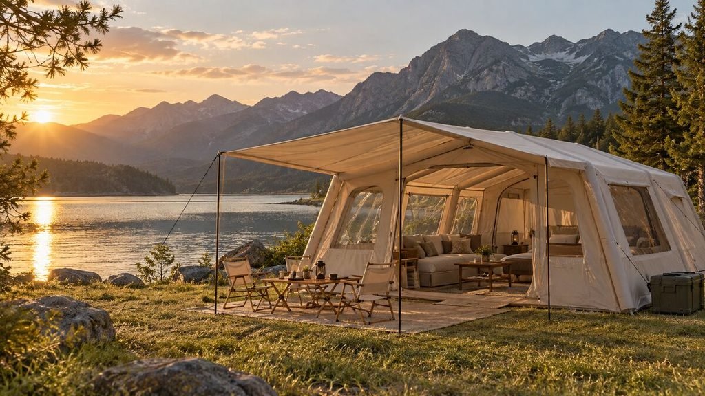 The Coody Familia AirTent 17.2 occupies a different class from the other models. This large beige inflatable shelter is designed as a premium family base camp with approximately 17.2 square meters of floor area, generous standing room, multiple windows, and technical-canvas-style fabric.