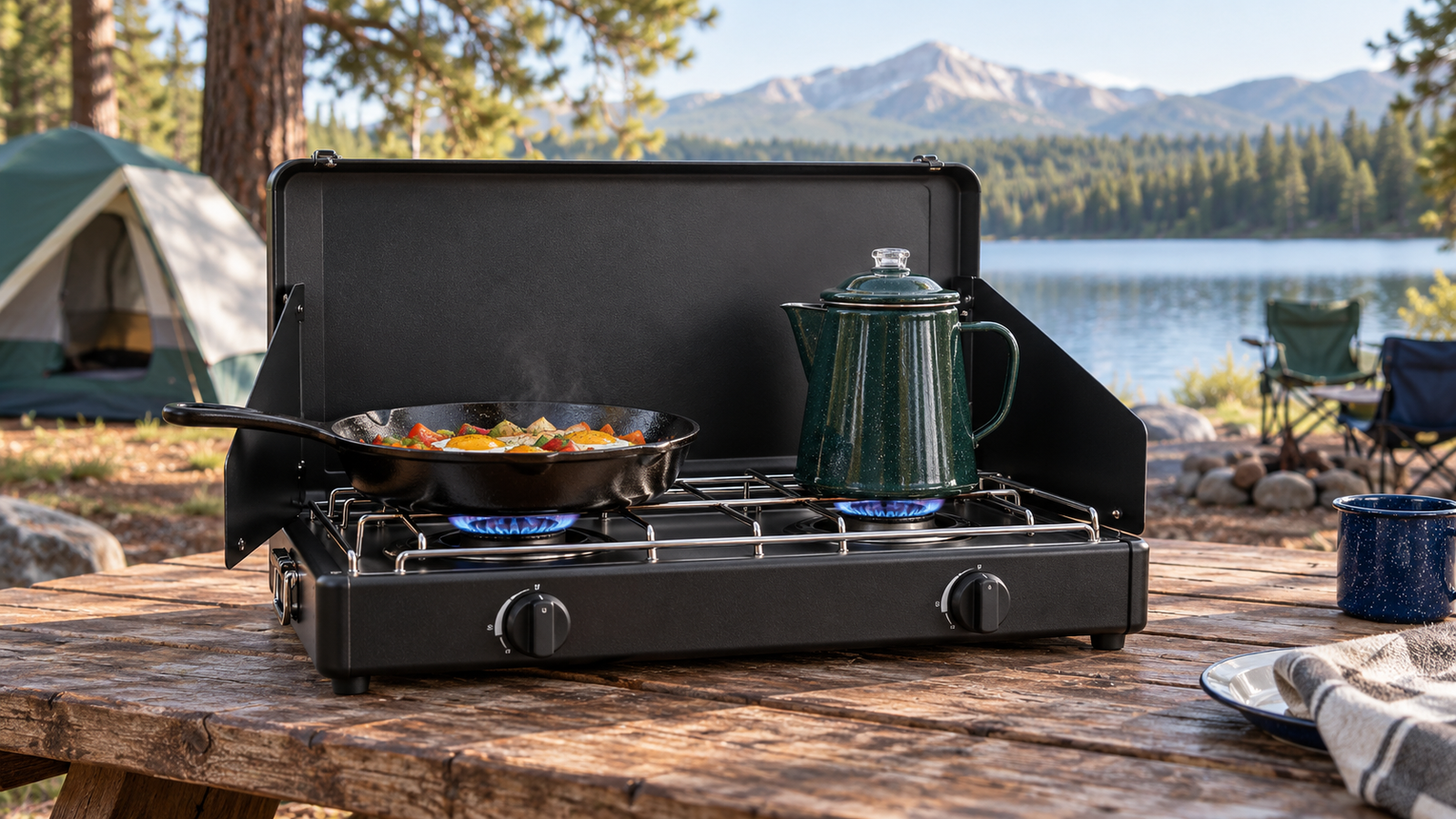 Black two-burner propane camping stove cooking breakfast beside a lake