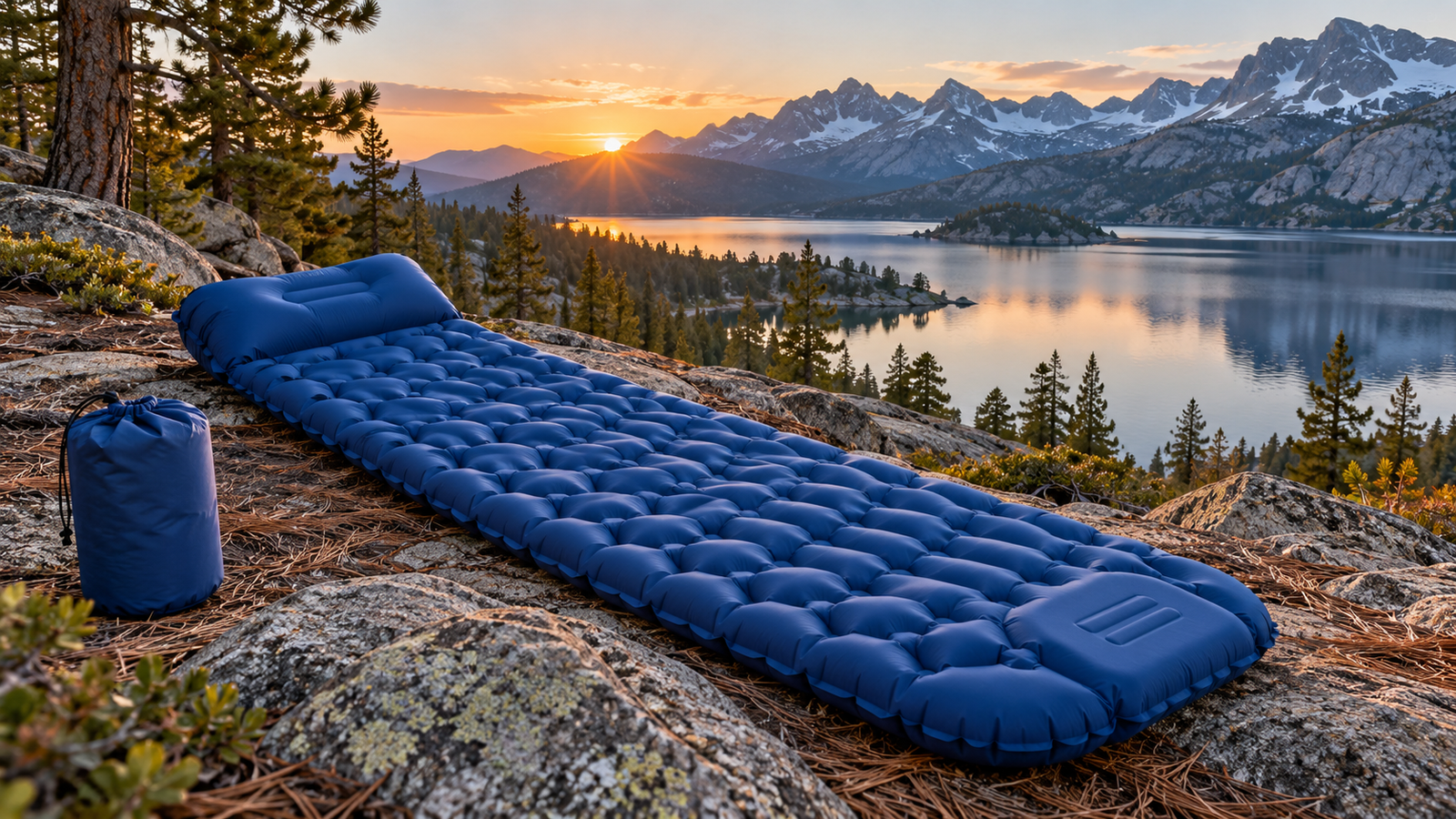 Oramoose ultralight blue sleeping pad with pillow and built-in foot pump