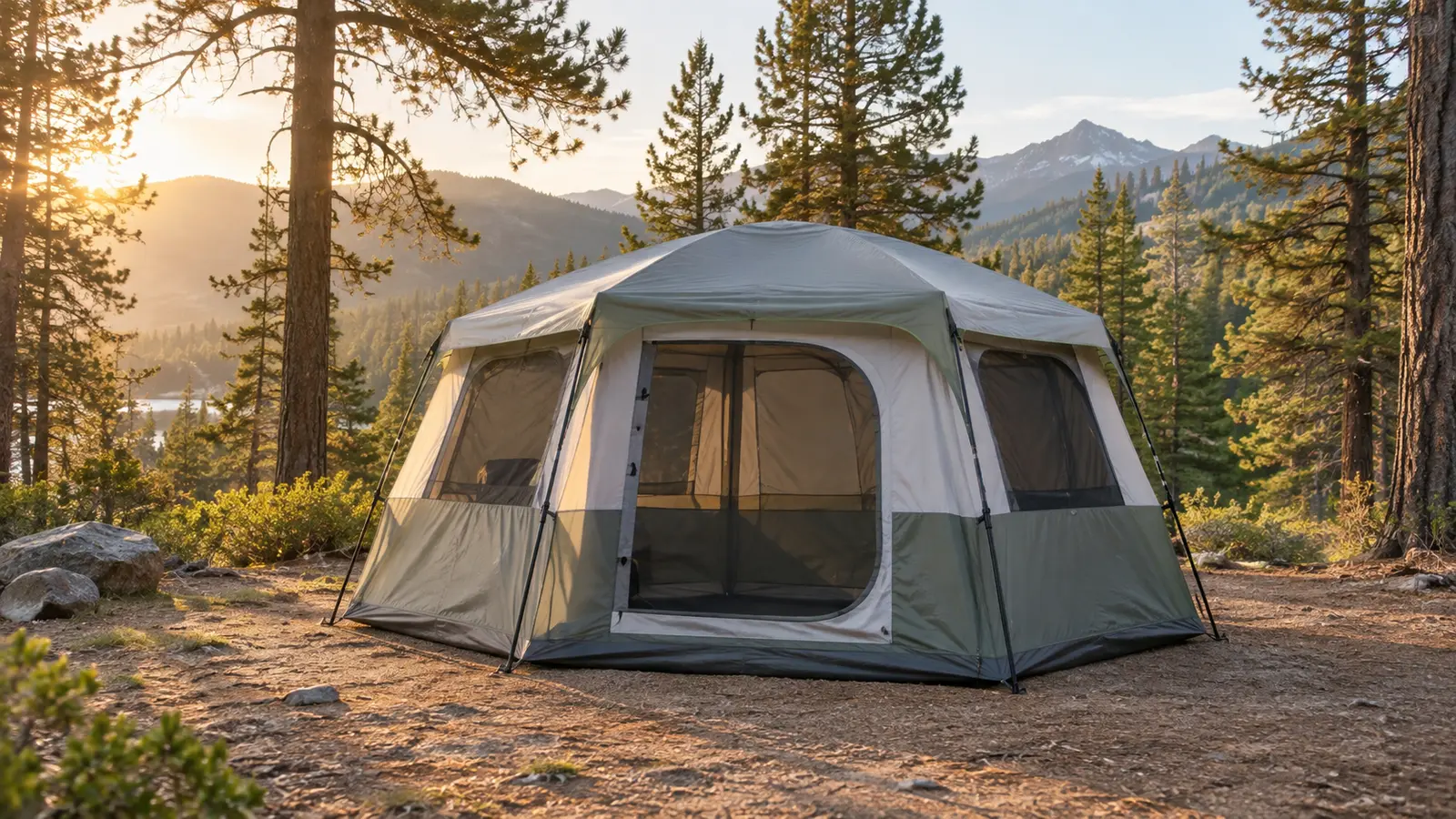 Unbranded instant family camping tent at a forest campsite