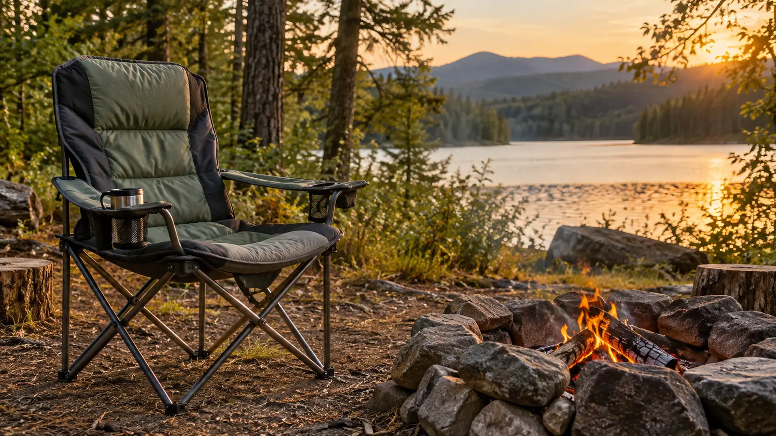 Unbranded padded folding camping chair beside a lakeside campfire