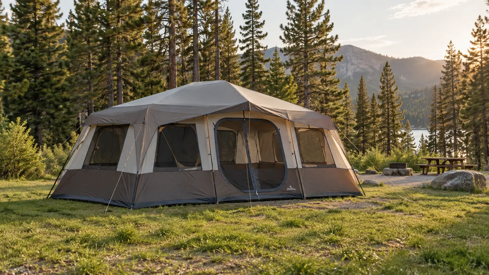 Large family dome tent at a forest campsite