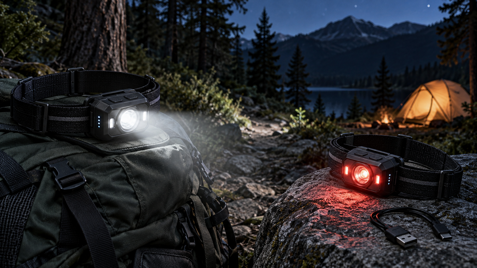 AKNEAR-style rechargeable LED headlamp illuminating a nighttime forest campsite