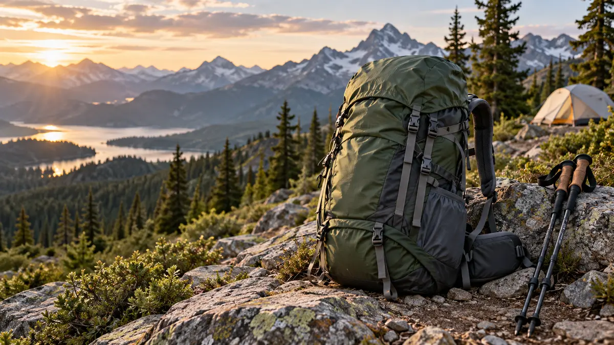 50-liter hiking backpack with rain cover at a mountain campsite