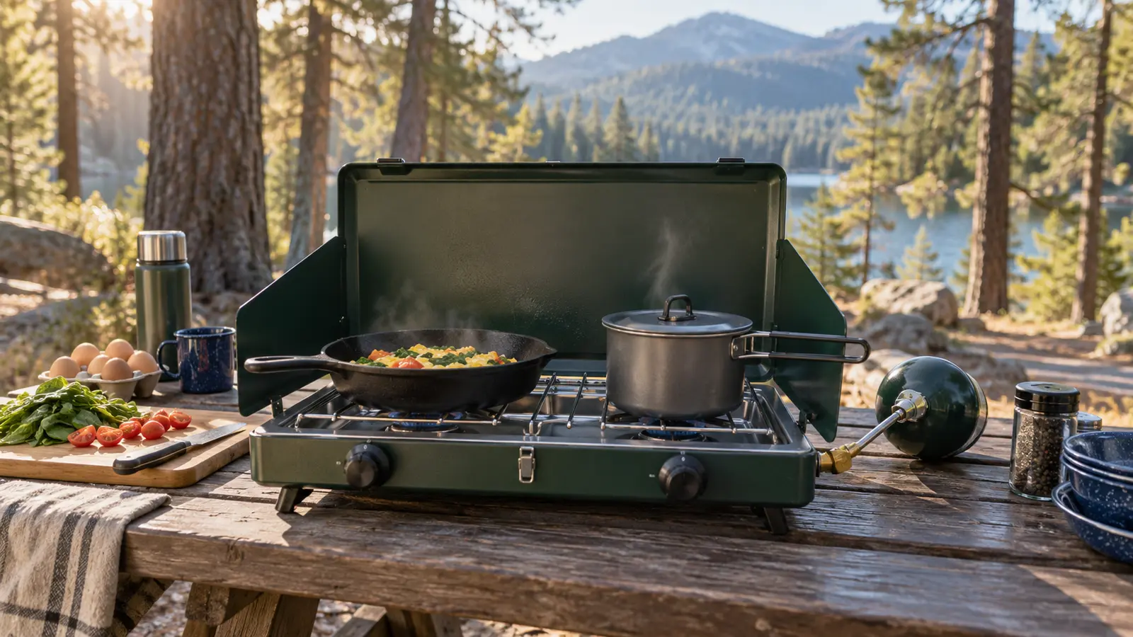 Unbranded two-burner camping stove cooking a meal outdoors